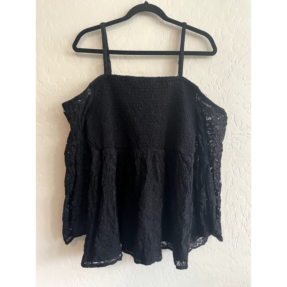 Torrid Smocked Bodice Cold Shoulder Black Lace Woman's Top Plus Size 1/XL